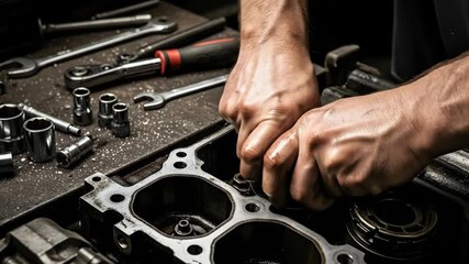 Skilled mechanic assembles engine components with precision and dedication in workshop setting