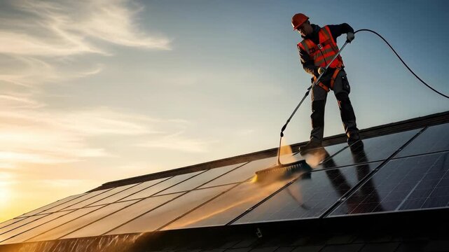 Worker cleans solar panels at sunset with pressure washer on rooftop ? highlighting renewable energy maintenance