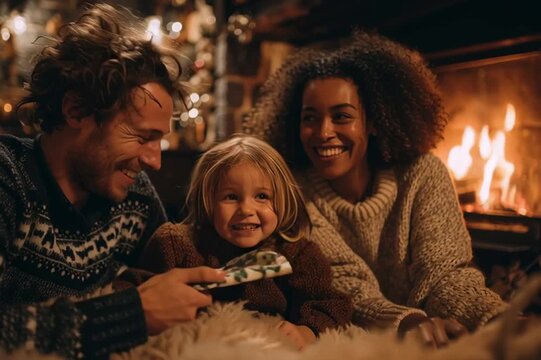 Happy multi ethnic family with a little son admiring of fire by the fireplace at home for Christmas