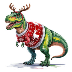A whimsical dinosaur stands proudly, adorned with reindeer antlers and a festive red sweater featuring a white deer motif.