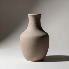 Minimalist ceramic vase in neutral tones with soft lighting and shadows
