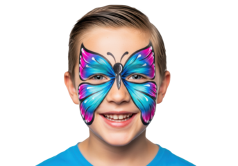 Close-up hyperrealistic studio portrait of a young caucasian boy with a beaming smile and vibrant pink and cyan butterfly face paint against a clean white background. Concept of childhood innocence