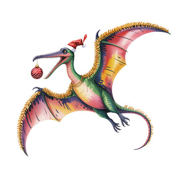 A Christmas pterosaur is depicted mid-fligh