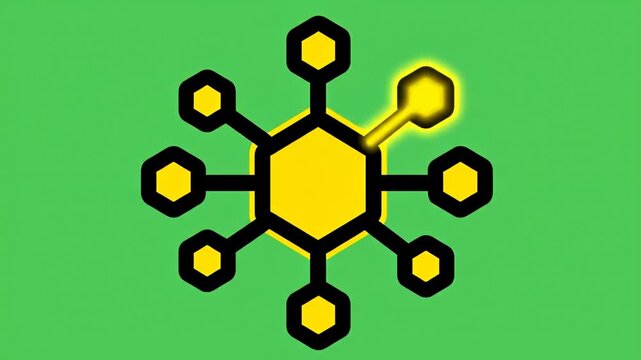 Abstract yellow hexagonal network structure icon glowing on a vibrant green background