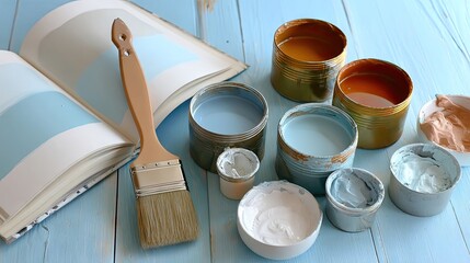 Open sketchbook with colorful paints and brushes on wooden table ready for creative drawing or painting session