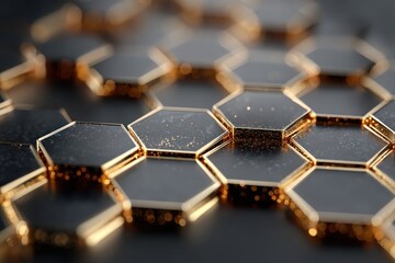 Close up of black and gold hexagonal pattern or tiles in a seamless array, resembling a technology or honeycomb structure with a dark background