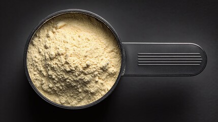 Macro shot of a black scoop filled with powdered supplement against a dark background. The focus is on the texture and consistency of the powder and on the black scoop.