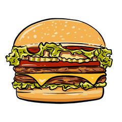 Tall Stacked Cartoon Hamburger Illustration with Sesame Bun, Double Patty, Melted Cheese, Fresh Veggies, and Colorful Sauces