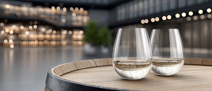 Elegant evening setting with two glasses of white wine resting on an old barrel amidst a modern winery's stylish interior