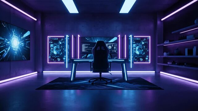 Gaming setup features sleek chair and illuminated walls with dynamic visuals. Stylish room showcases modern tech, ideal for gaming enthusiasts and content creators