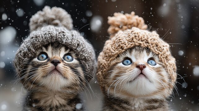 Two adorable kittens with captivating blue eyes gaze upward, donning knitted hats as snowflakes gently fall around them. A heartwarming winter scene of feline charm.