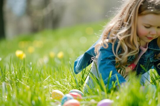 Cute little girl hunting for multicolor eggs in spring garden on Easter day.