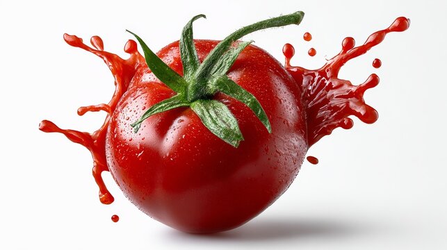 A tomato is shown with a splash of red paint surrounding it. The tomato is the main focus of the image, and the splash of paint adds a sense of movement and energy to the scene