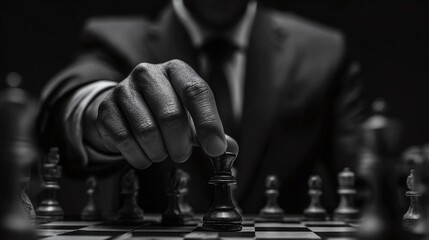 Monochrome image of a person in a suit making a chess move on a chessboard, symbolizing strategic thinking and decision-making. Dark background contrasts with the focus on the game.