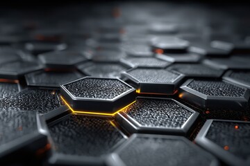 Close up of black and gold hexagonal pattern or tiles in a seamless array, resembling a technology or honeycomb structure with a dark background