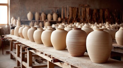 Handcrafted pottery vessels, each a unique testament to the potter's skill. Rows of earthen pots, echoing ancient traditions in a modern workshop setting, each awaiting its transformation.