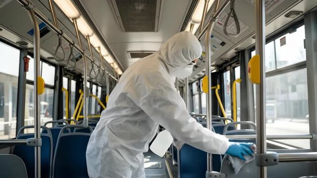 Disinfection process inside public transport bus ensures safety amidst health concerns