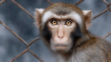 A monkey with a yellow face is looking at the camera. The image has a mood of curiosity and interest