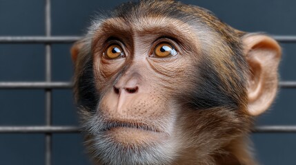 A monkey with a brown and black face is looking at the camera. The monkey's eyes are yellow and it has a white muzzle