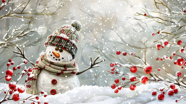 Whimsical winter scene with cheerful snowman in knit hat and scarf for holiday design