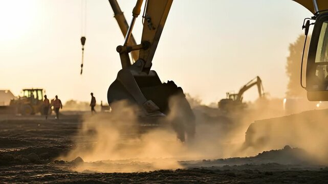 Excavator in action: construction site at sunset with dust and silhouette equipment