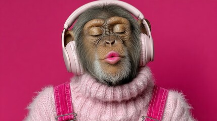 A monkey wearing headphones and a pink sweater. The monkey is resting and he is relaxed. The pink sweater and headphones give the image a cute and playful vibe