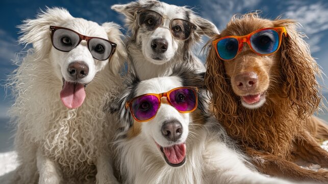 Four dogs wearing sunglasses and smiling for a picture. Scene is lighthearted and fun
