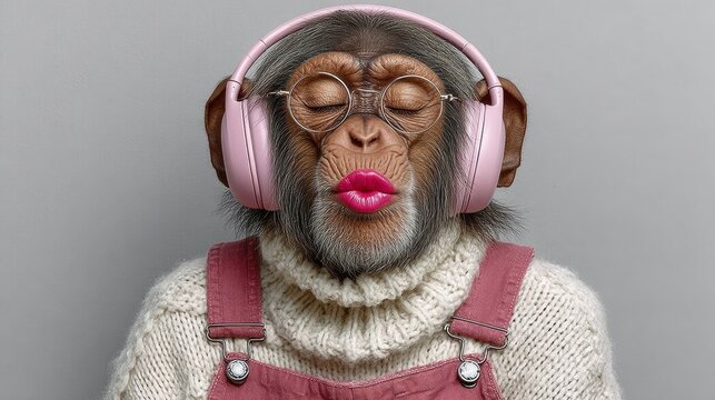 A cute monkey wearing pink headphones and a pink sweater is sitting and looking relaxed. The monkey is also wearing a pink lipstick, which adds to its adorable appearance