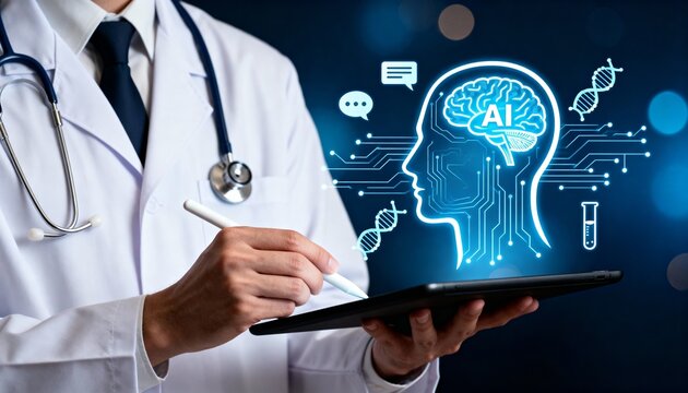 Doctor Utilizing AI Technology for Medical Research, Innovation, and Digital Healthcare Solutions