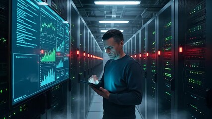 Technician monitors cybersecurity data in a futuristic server room with advanced digital displays - Powered by Adobe