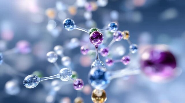 5Macro depiction of colorful molecular structures with reflective spheres and transparent bonds, floating in a subtle light-blue scientific backdrop