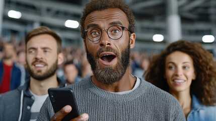 A man with glasses and a beard is holding a cell phone and looking surprised. He is surrounded by a crowd of people