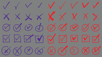 Hand drawn Brush Check marks doodle set. checkbox, checklist, tick and cross signs, drawn concept. Hand drawn chalkboard doodle sketch style vector illustration