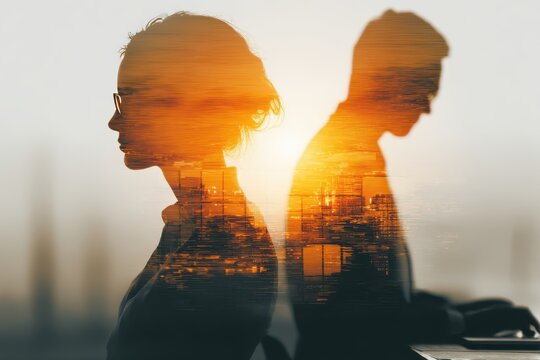Business people discussing success at sunset in New York City office overlooking Manhattan, concept of success and business opportunities - Powered by Adobe