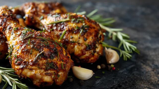 8Roasted chicken legs with spicy crust, garlic cloves, and herbs scattered around, captured with dramatic contrast on a dark rustic background