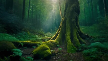 A vibrant, moss-covered tree glows softly in a lush forest, illuminated by tiny fireflies drifting through the air. Rich greens, natural textures, and magical light create an enchanted woodland atmosp - Powered by Adobe