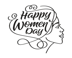 Happy Womens Day design with elegant woman profile and flowing typography for celebration and empowerment illustration