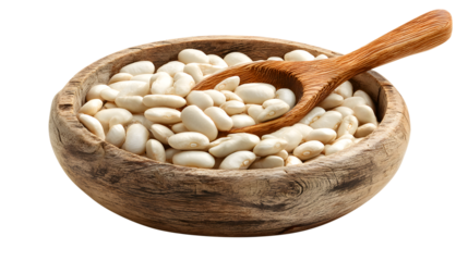 Wooden Bowl Filled with White Beans and Scoop Keywords: white beans, legumes, food, ingredient