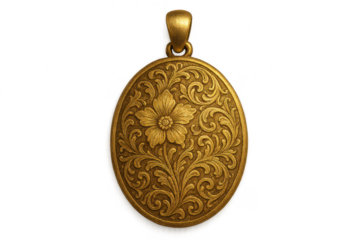 Elegant gold pendant, intricate floral engraving, isolated, transparent background.