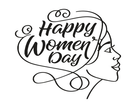 Happy Womens Day design with elegant woman profile and flowing typography for celebration and empowerment illustration