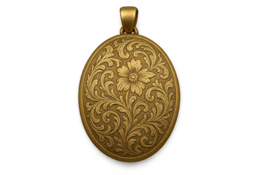 Ornate gold antique locket pendant with floral design isolated on transparent background