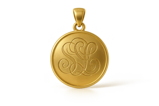 Elegant golden pendant with engraved 'SL' initials, isolated on transparent background