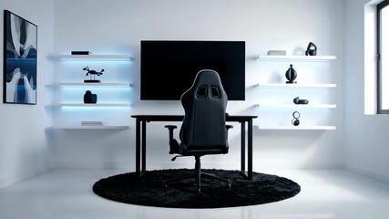 Workspace evolves with gaming chair positioned at sleek desk beneath large monitor. Bright room with minimalist decor and soft lighting creates inviting atmosphere