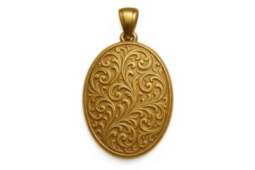 Detailed ornate gold locket with scrollwork design, isolated on transparent background.