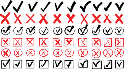 Hand drawn Black , Red, Check marks doodle set. checkbox, checklist, tick and cross signs, pencil doodle style set. Vector elements style illustration