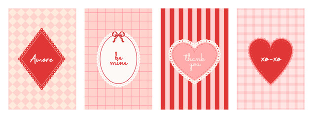 Fototapeta na wymiar Set of Valentine's Day frames with text on seamless pattern background. Postcard with coquette border and hearts. Vintage whimsical design. Checkered and striped backdrop. Vector illustration