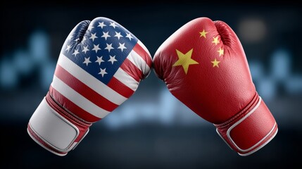 Two boxing gloves with the American flag on one and the Chinese flag on the other. The gloves are red and white