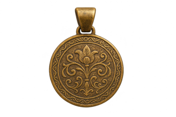 Isolated antique bronze pendant with ornate floral design, transparent background.