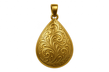 Elegant golden teardrop pendant with intricate scrollwork, isolated on transparent background