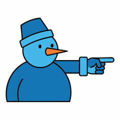 Minimalistic blue snowman icon with a helpful expression pointing to the right on 